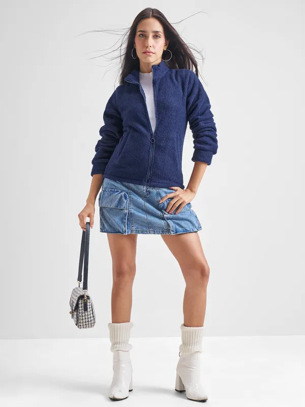 Tokyo Talkies Women Navy Blue Open Front Jacket