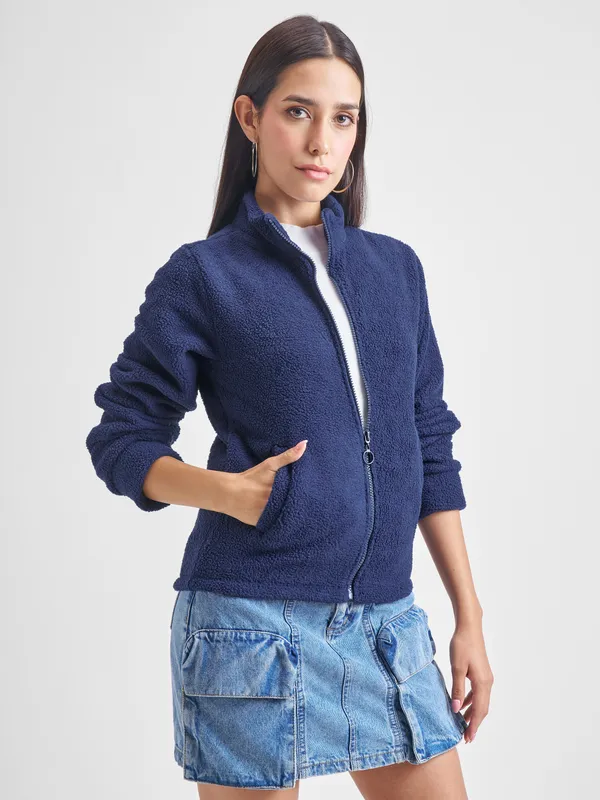 Tokyo Talkies Women Navy Blue Open Front Jacket