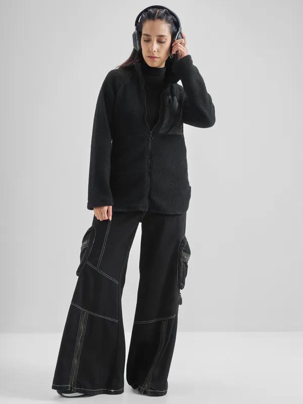 Tokyo Talkies Women Black Open Front Jacket