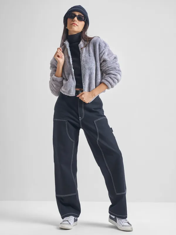 Tokyo Talkies Women Grey Open Front Jacket