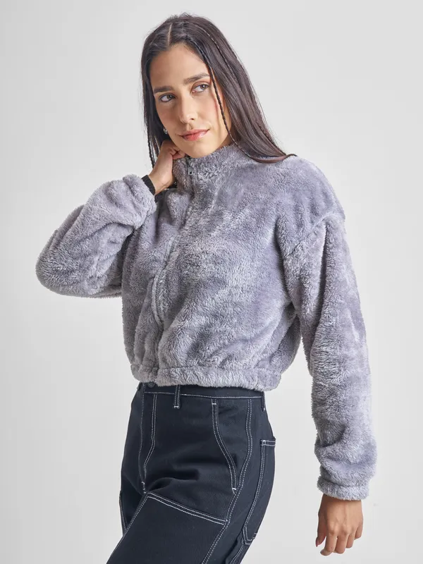 Tokyo Talkies Women Grey Open Front Jacket