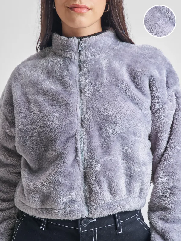 Tokyo Talkies Women Grey Open Front Jacket