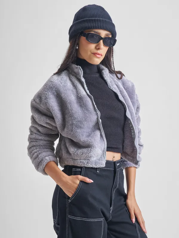 Tokyo Talkies Women Grey Open Front Jacket