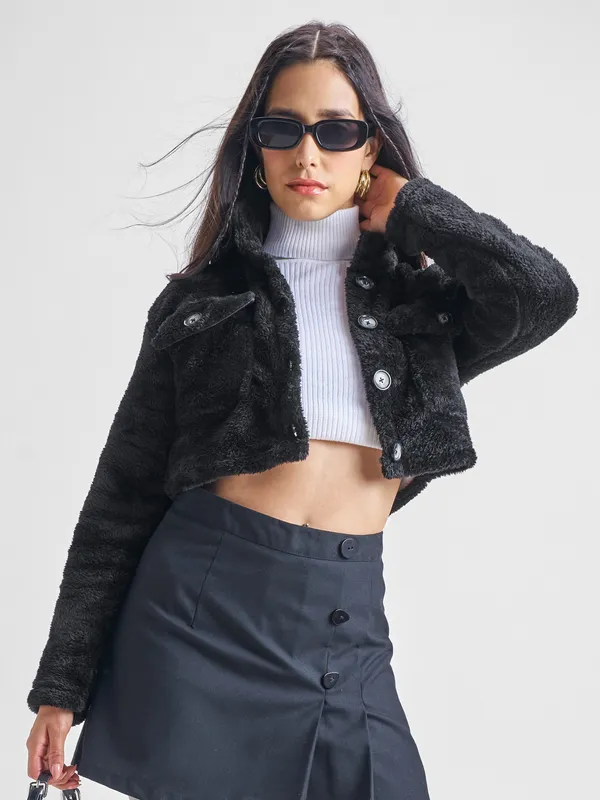 Tokyo Talkies Women Black Open Front Jacket