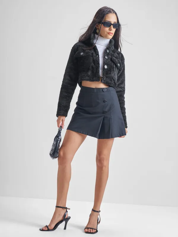 Tokyo Talkies Women Black Open Front Jacket