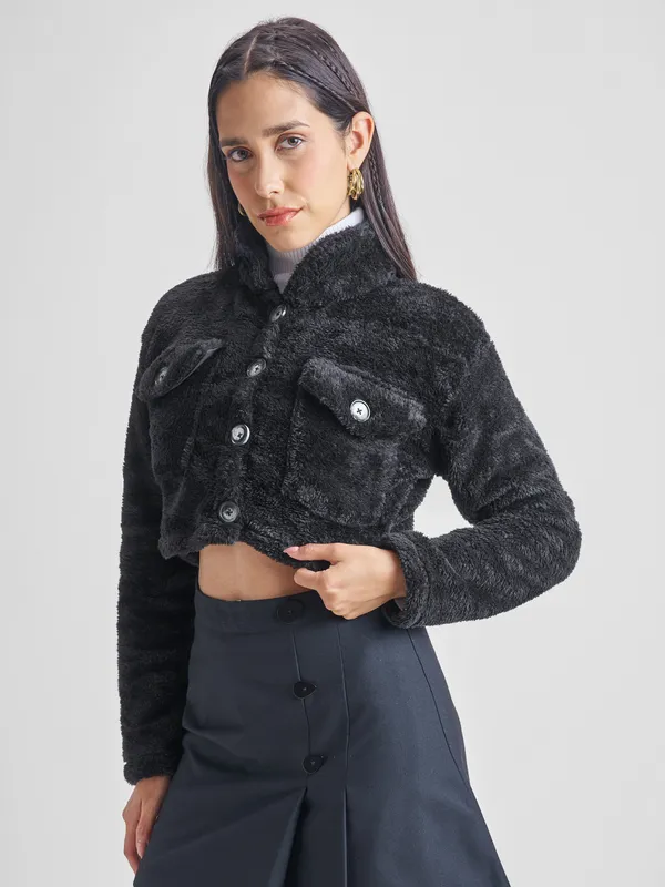 Tokyo Talkies Women Black Open Front Jacket