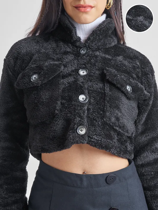 Tokyo Talkies Women Black Open Front Jacket