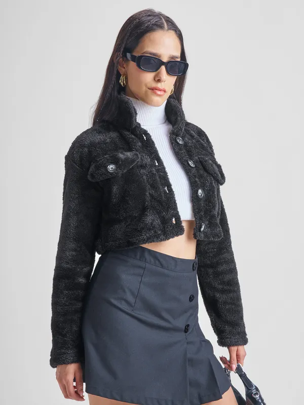 Tokyo Talkies Women Black Open Front Jacket