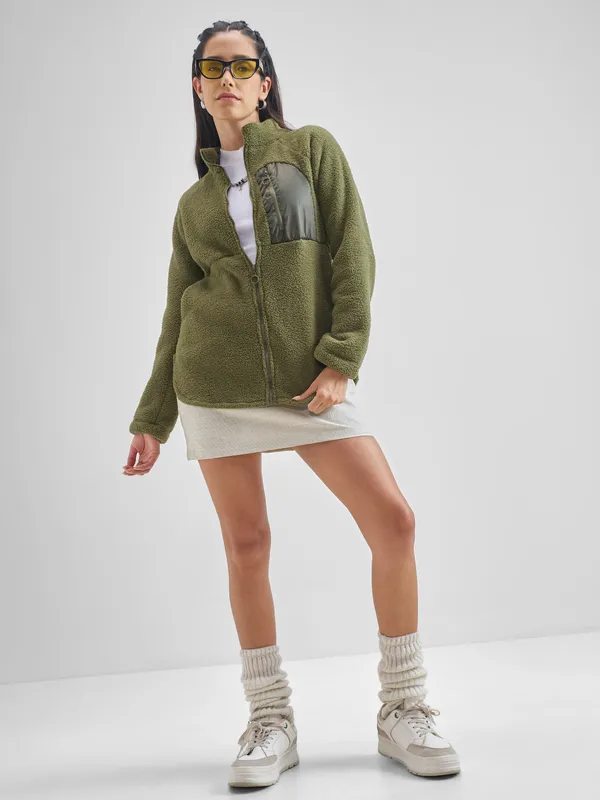 Tokyo Talkies Women Green Open Front Jacket