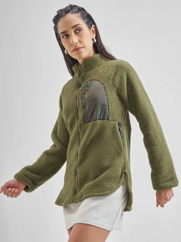 Tokyo Talkies Women Green Open Front Jacket