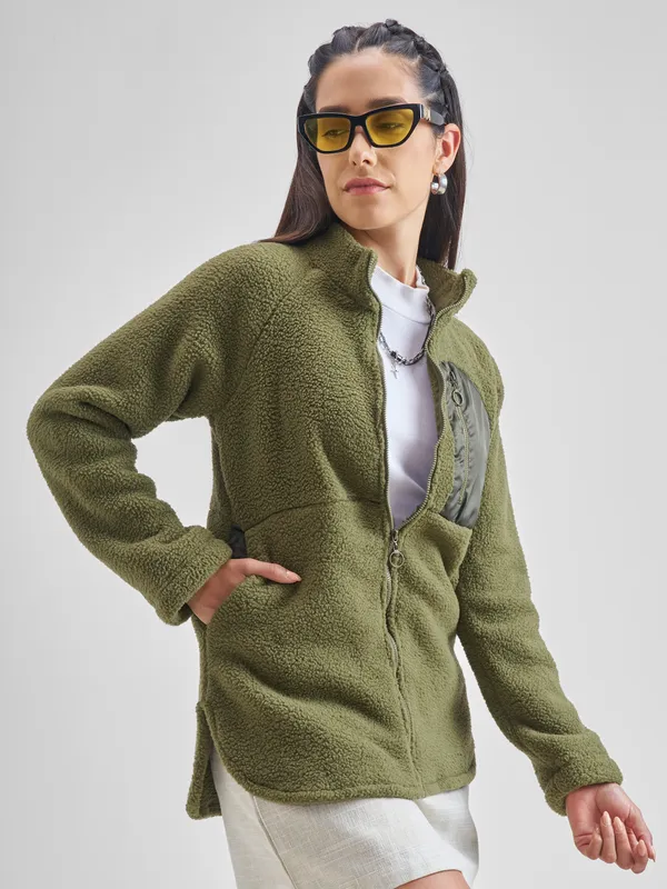 Tokyo Talkies Women Green Open Front Jacket