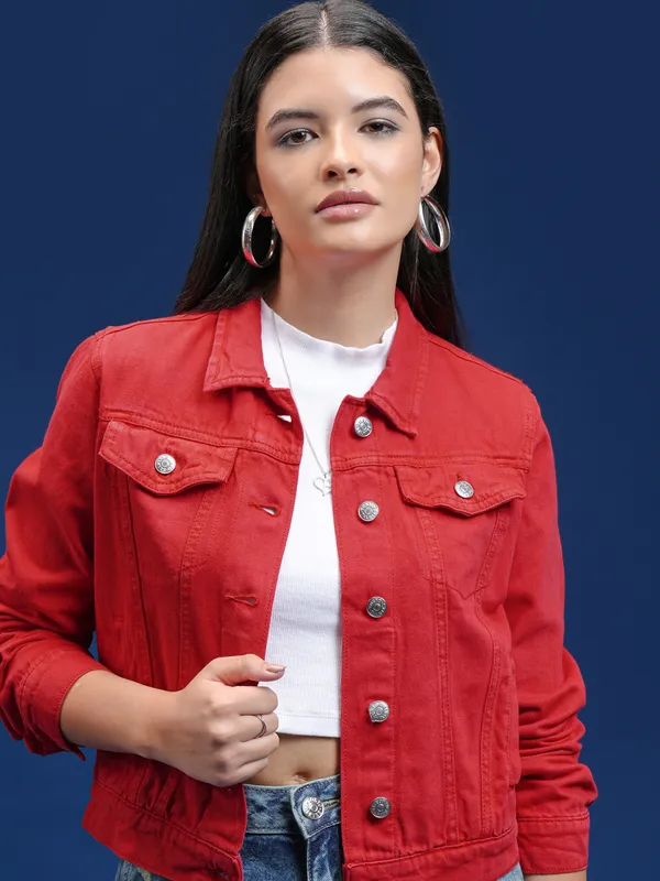 Tokyo Talkies Women Red Denim Jacket