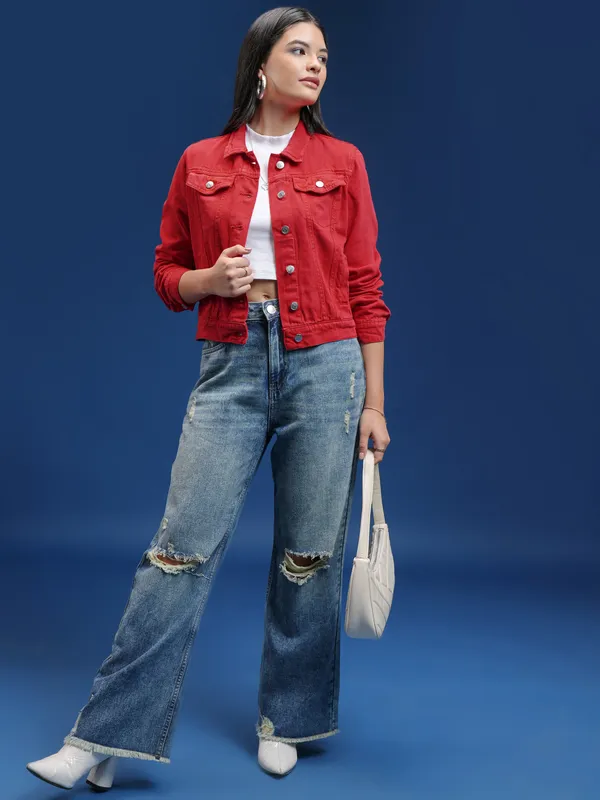 Tokyo Talkies Women Red Denim Jacket