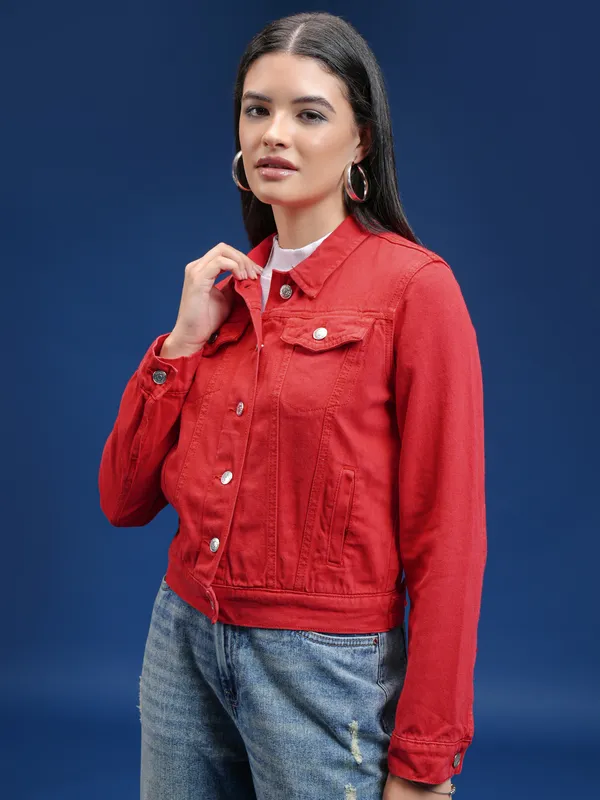 Tokyo Talkies Women Red Denim Jacket