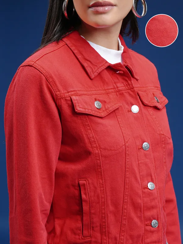 Tokyo Talkies Women Red Denim Jacket