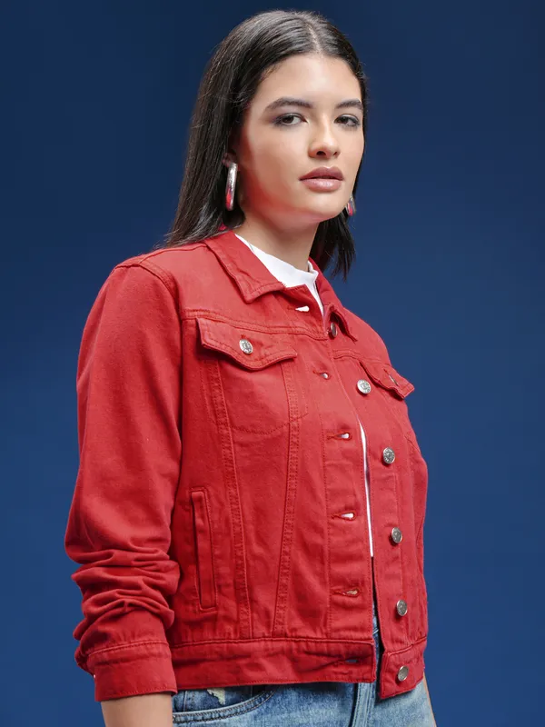 Tokyo Talkies Women Red Denim Jacket