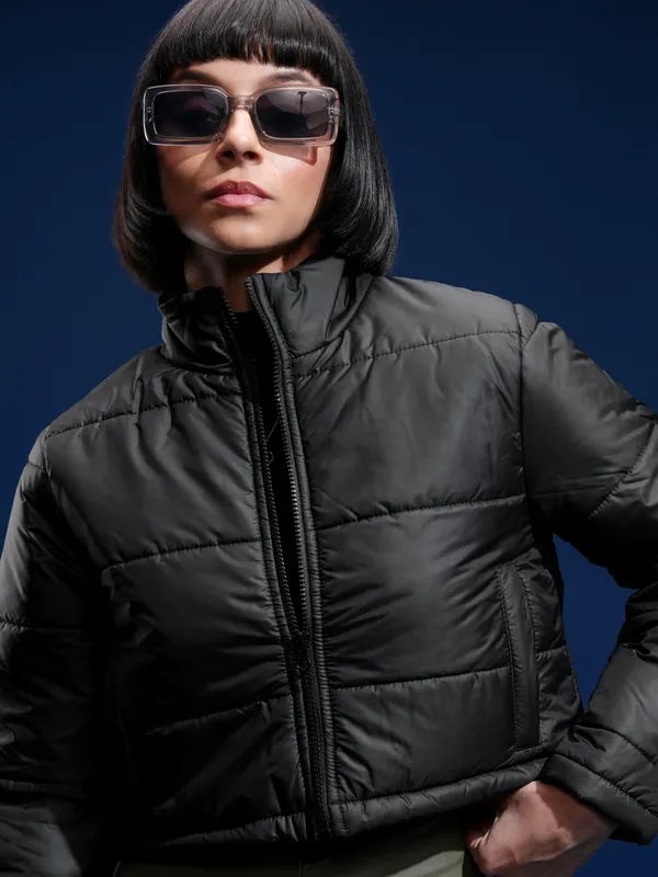 Tokyo Talkies Women Black Solid Crop Puffer Jacket