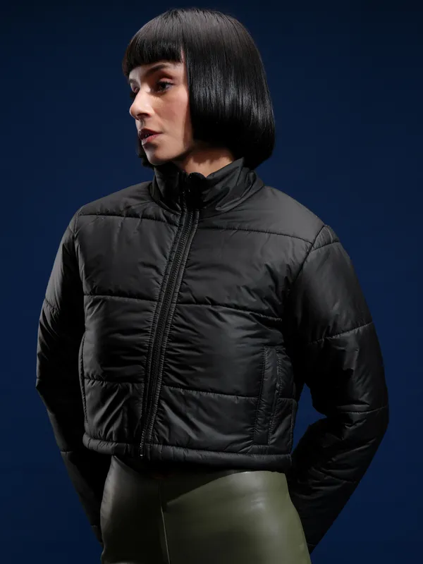 Tokyo Talkies Women Black Solid Crop Puffer Jacket