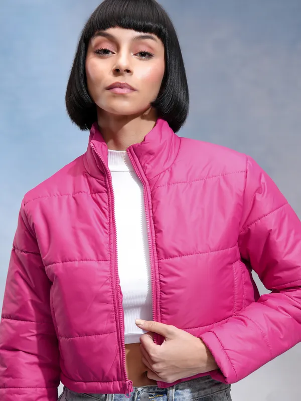 Tokyo Talkies Women Pink Solid Crop Puffer Jacket