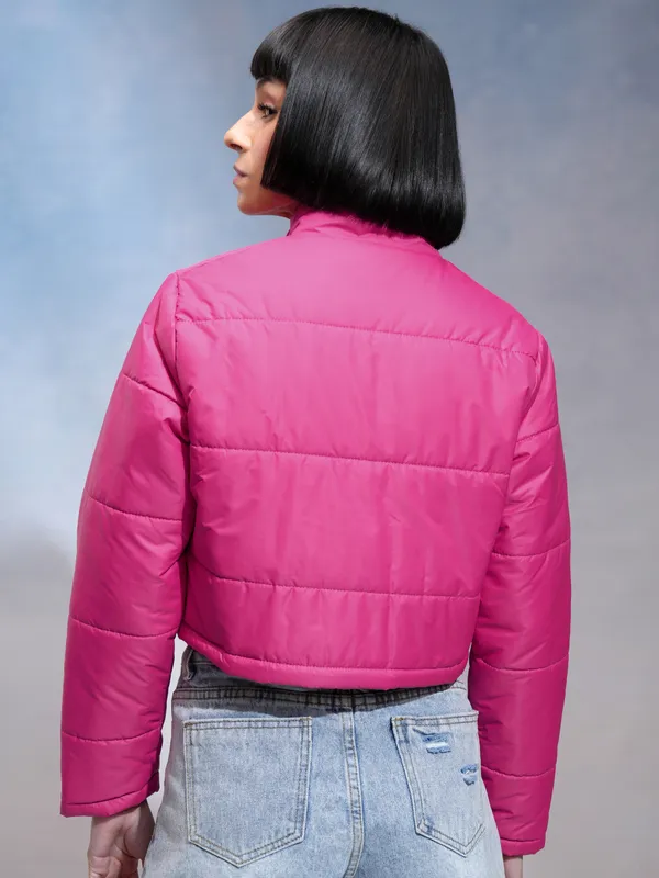 Tokyo Talkies Women Pink Solid Crop Puffer Jacket