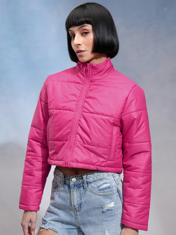 Tokyo Talkies Women Pink Solid Crop Puffer Jacket