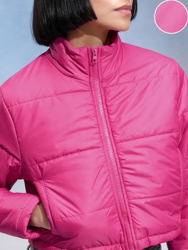 Tokyo Talkies Women Pink Solid Crop Puffer Jacket