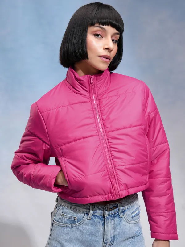 Tokyo Talkies Women Pink Solid Crop Puffer Jacket