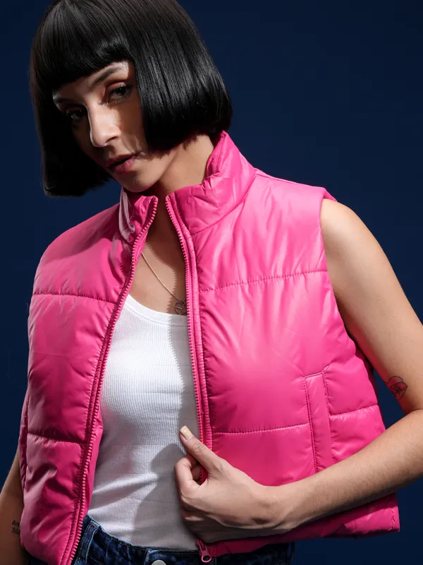 Tokyo Talkies Women Pink Solid Crop Puffer Jacket