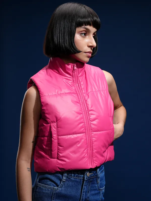 Tokyo Talkies Women Pink Solid Crop Puffer Jacket