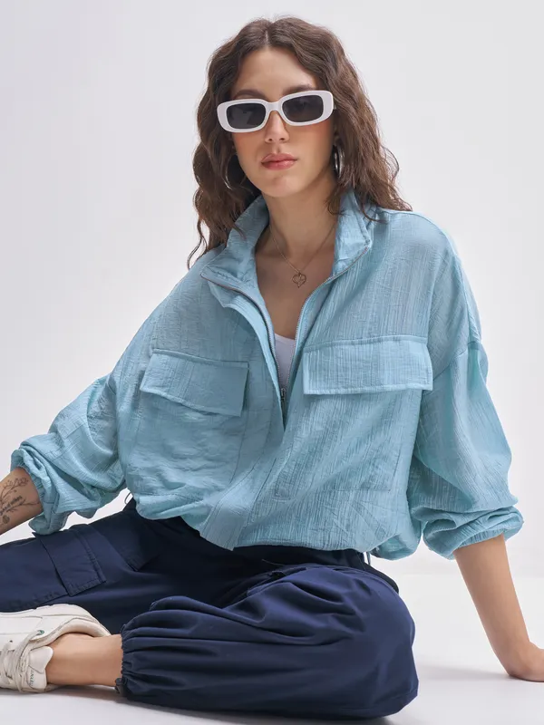 Tokyo Talkies Women Blue Open Front Jacket