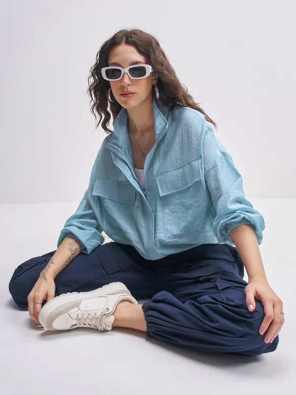 Tokyo Talkies Women Blue Open Front Jacket