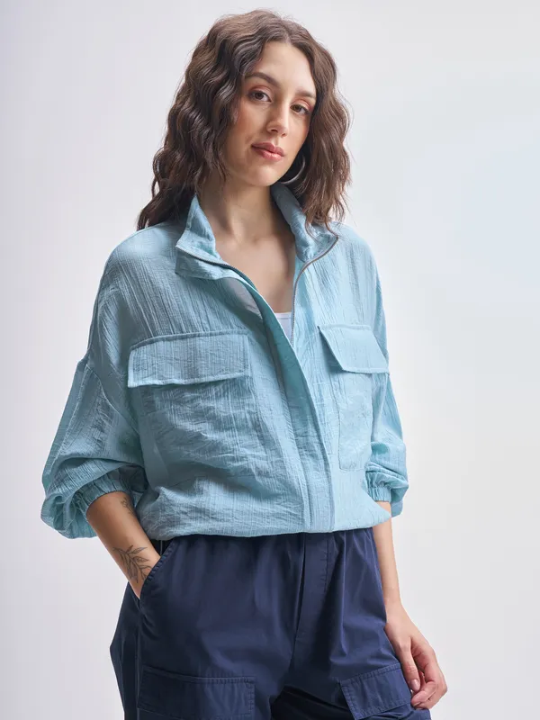 Tokyo Talkies Women Blue Open Front Jacket