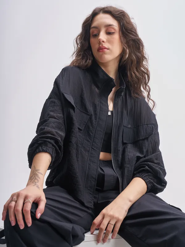 Tokyo Talkies Women Black Open Front Jacket