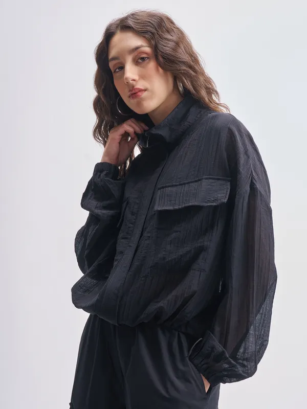 Tokyo Talkies Women Black Open Front Jacket