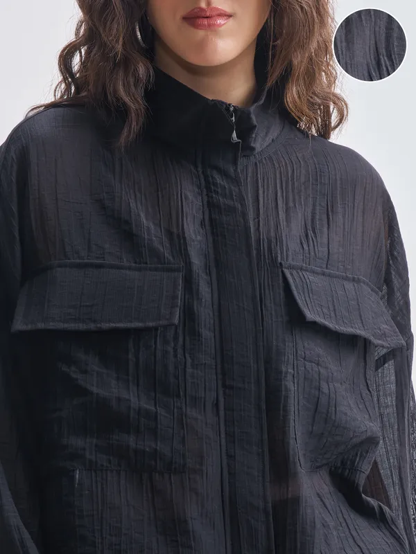 Tokyo Talkies Women Black Open Front Jacket