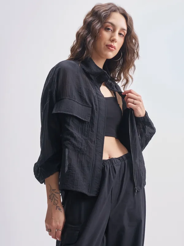 Tokyo Talkies Women Black Open Front Jacket
