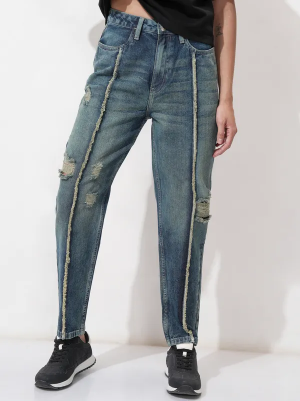 Tokyo Talkies Women Blue Mom Fit Highly Distressed Stretchable Jeans