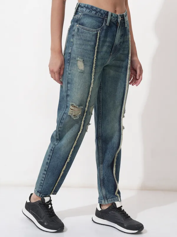Tokyo Talkies Women Blue Mom Fit Highly Distressed Stretchable Jeans