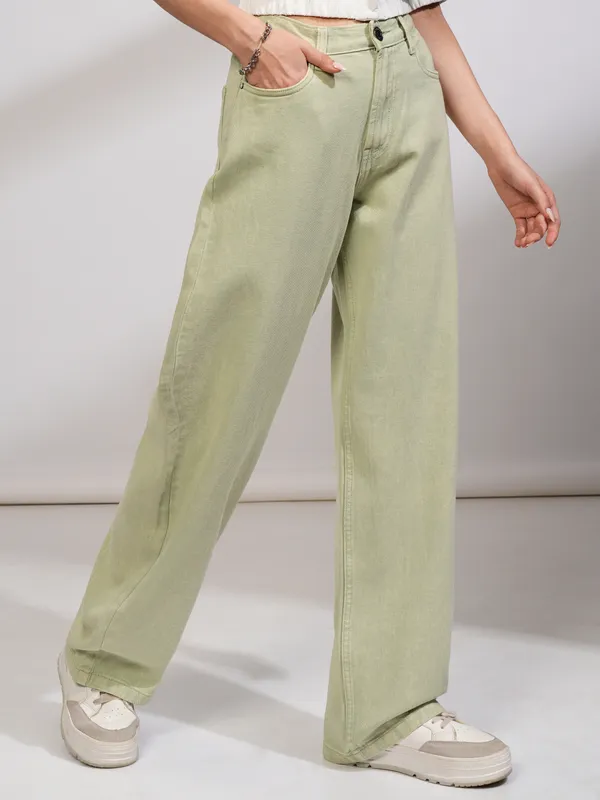 Tokyo Talkies Women Green Straight Fit Stretchable Jeans