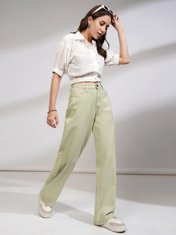 Tokyo Talkies Women Green Straight Fit Stretchable Jeans