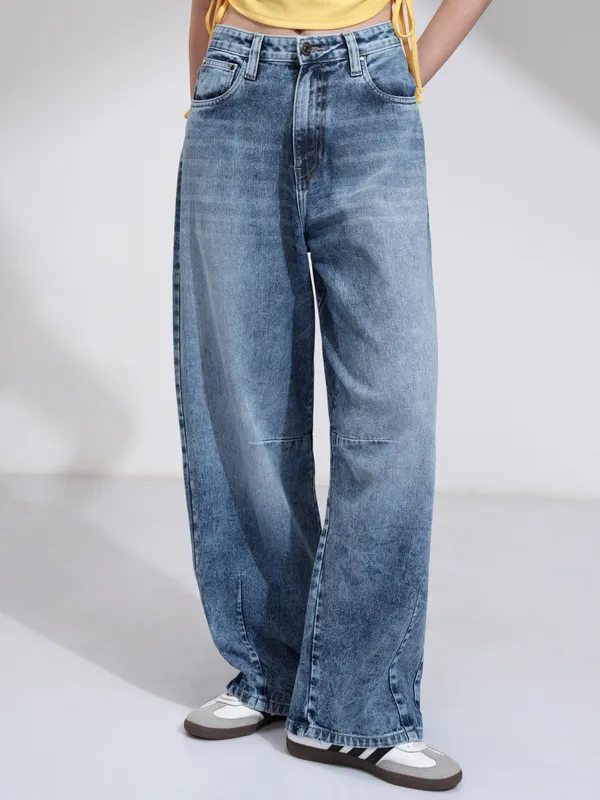 Tokyo Talkies Women Blue Wide Leg Slash Knee Jeans