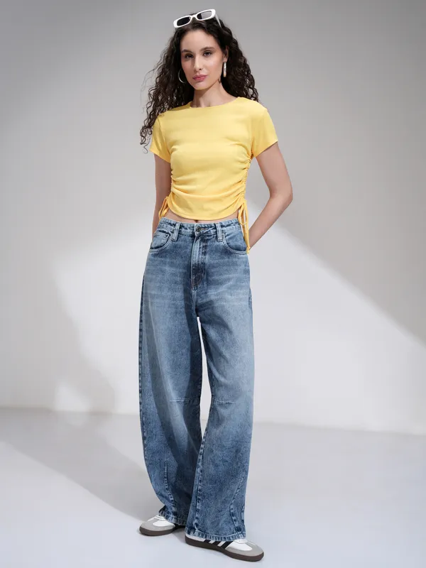 Tokyo Talkies Women Blue Wide Leg Slash Knee Jeans