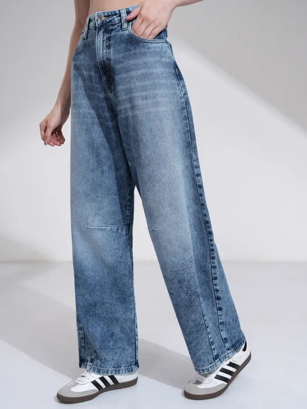 Tokyo Talkies Women Blue Wide Leg Slash Knee Jeans