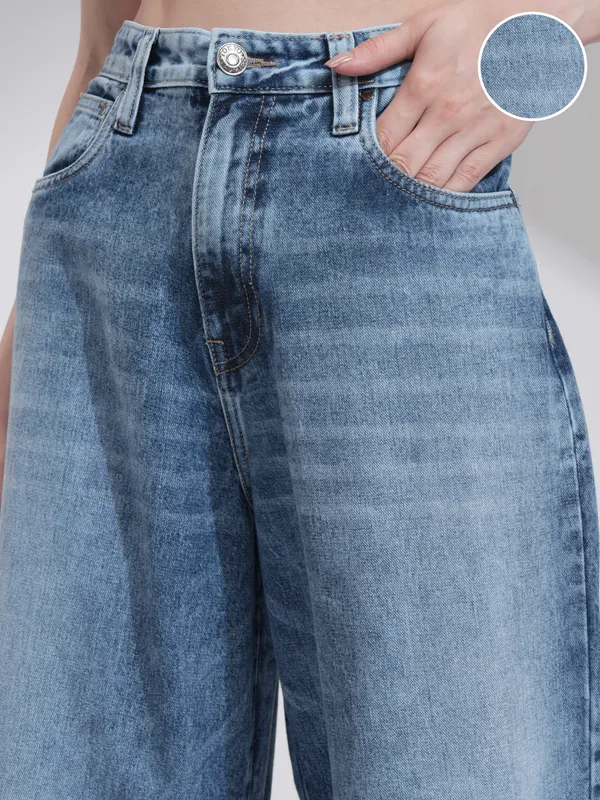 Tokyo Talkies Women Blue Wide Leg Slash Knee Jeans