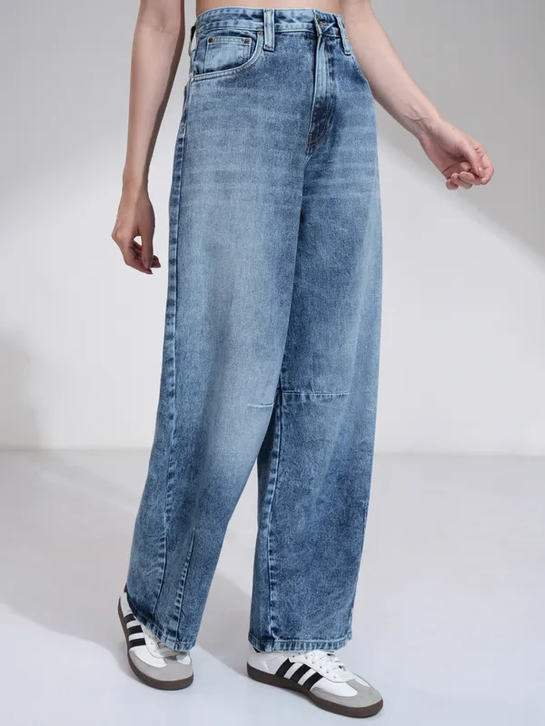 Tokyo Talkies Women Blue Wide Leg Slash Knee Jeans