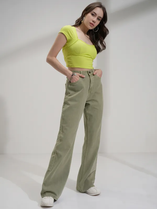 Tokyo Talkies Women Green Bootcut Stretchable Jeans