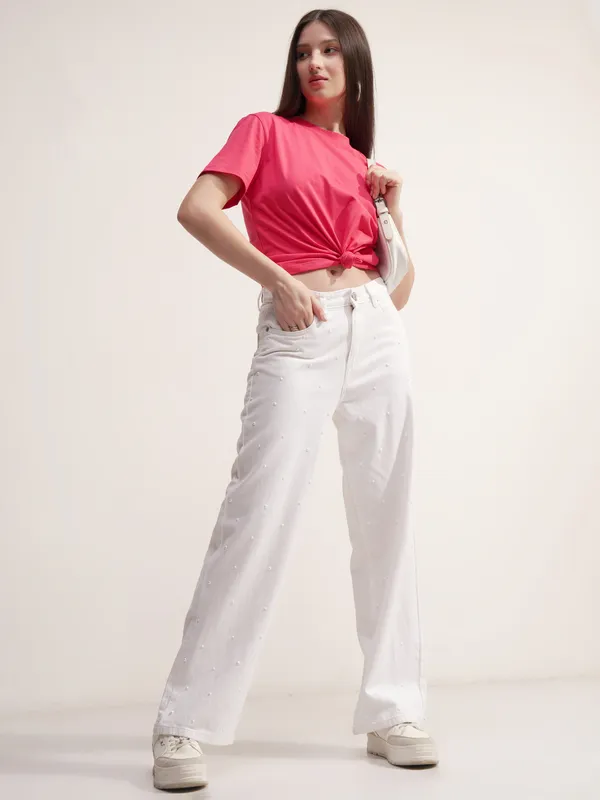 Tokyo Talkies Women White Straight Fit Stretchable Jeans