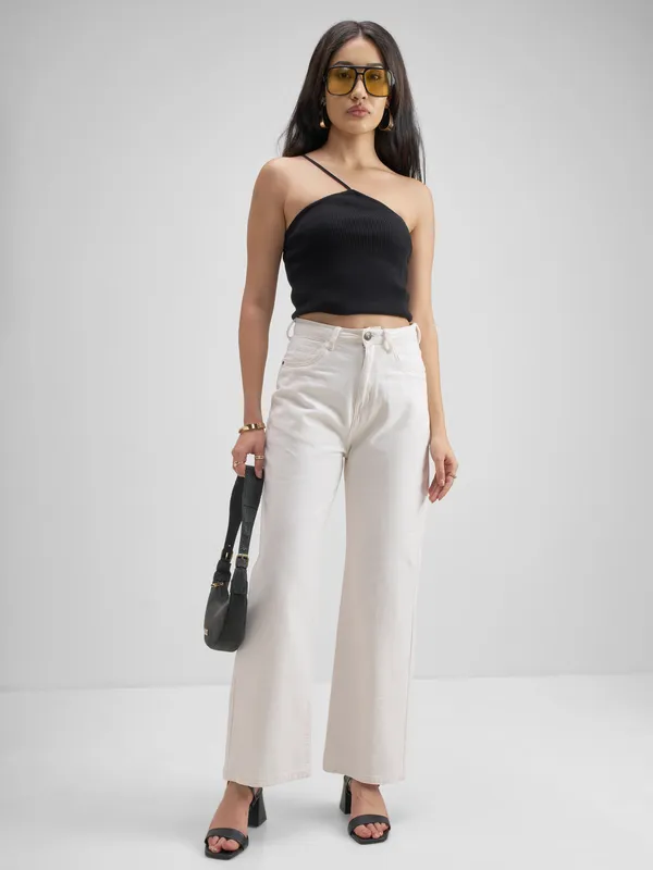 Tokyo Talkies Women Off White Flared Stretchable Jeans