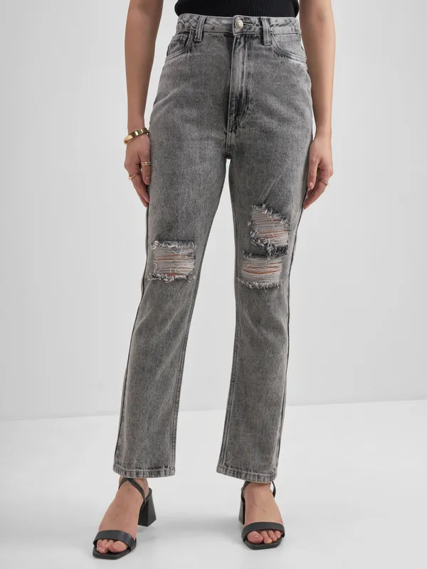 Tokyo Talkies Women Grey Flared Highly Distressed Stretchable Jeans