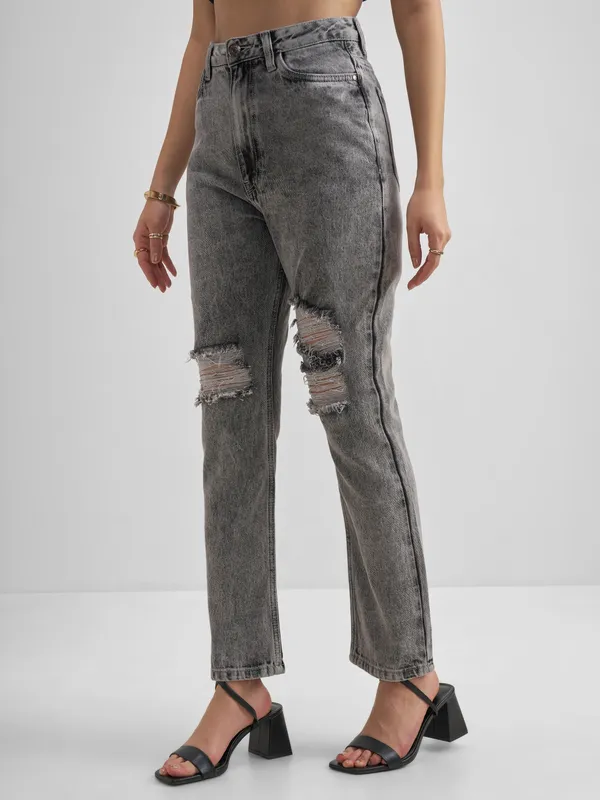 Tokyo Talkies Women Grey Flared Highly Distressed Stretchable Jeans